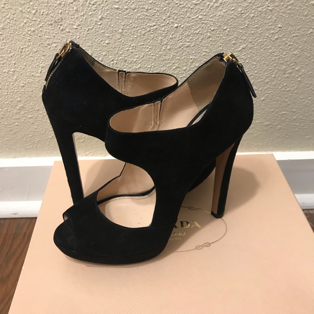 Prada Black Suede Peep Toe Heels, Size 37